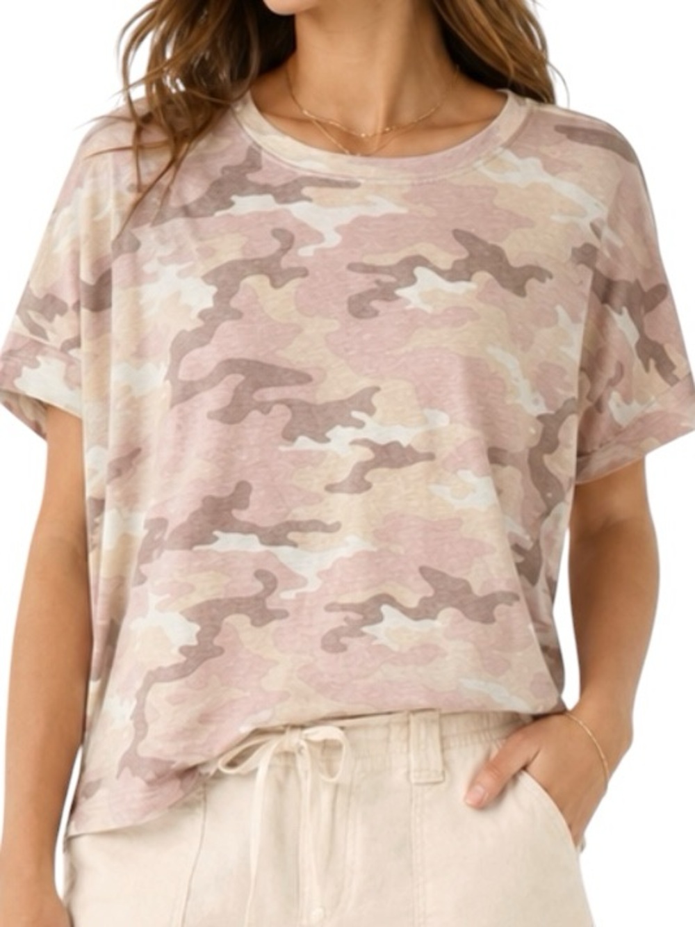 Lou & Grey 100% Linen Camo Print Boxy T Shirt in Blush Pink Beige Size M NWT